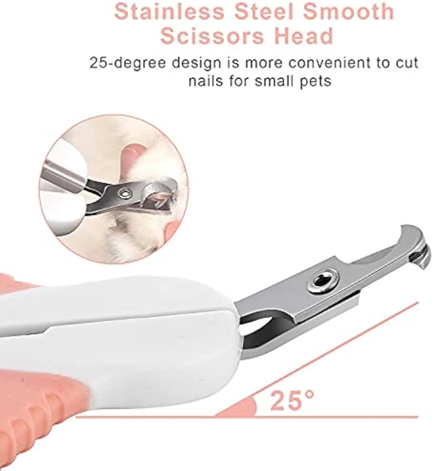 Grey and pink handled cat nail clippers with angled stainless steel blade and safety lock.