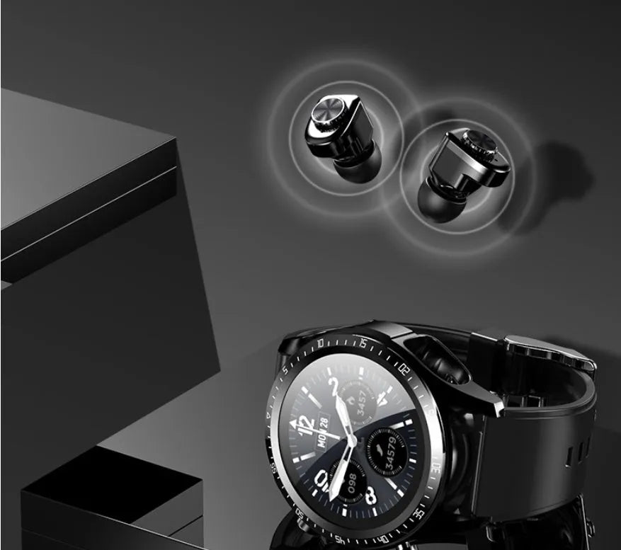 Black smartwatch with silicone strap showing blood pressure and oxygen monitoring on a 1.28-inch screen