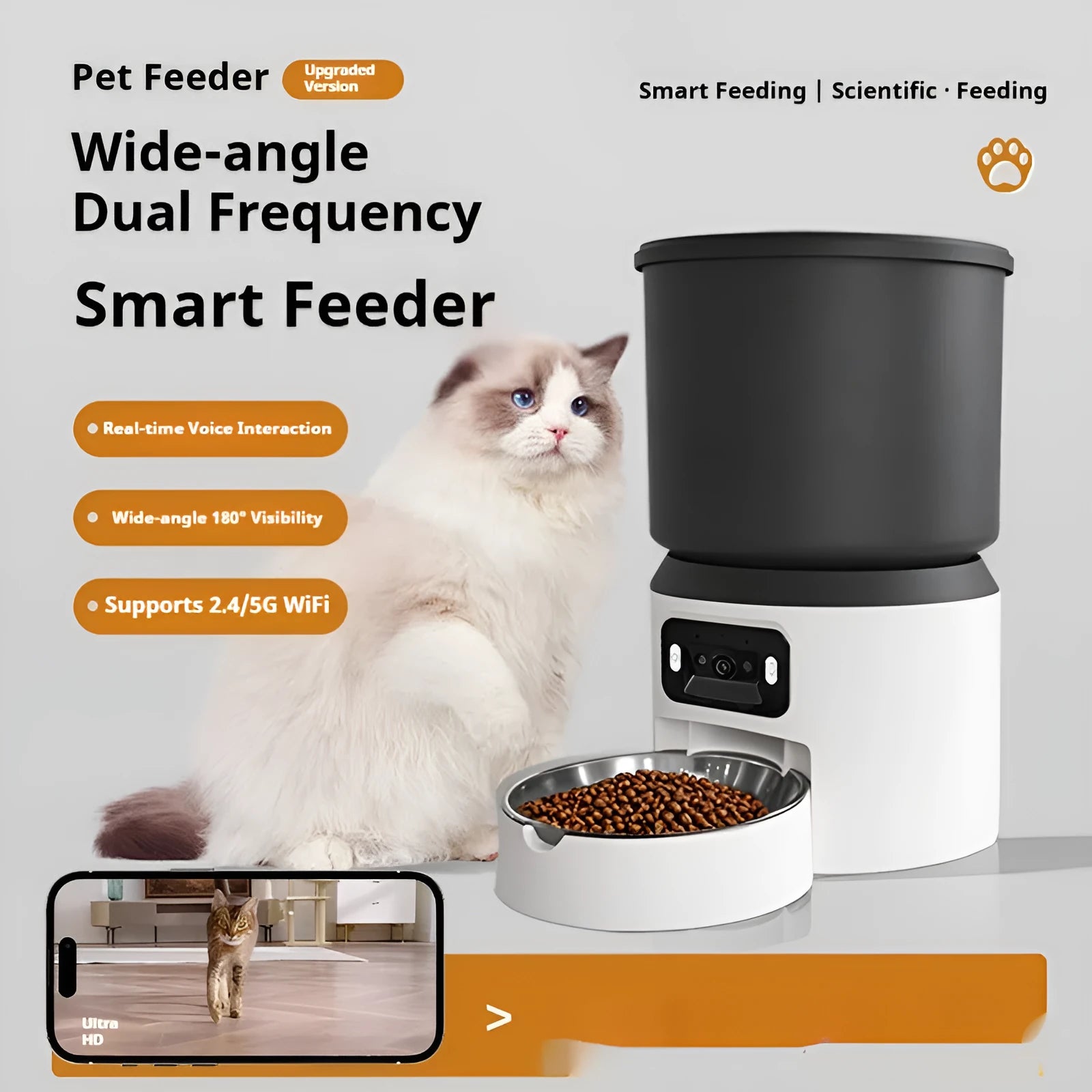 4L smart pet feeder with remote control and optional video monitoring for cats and dogs