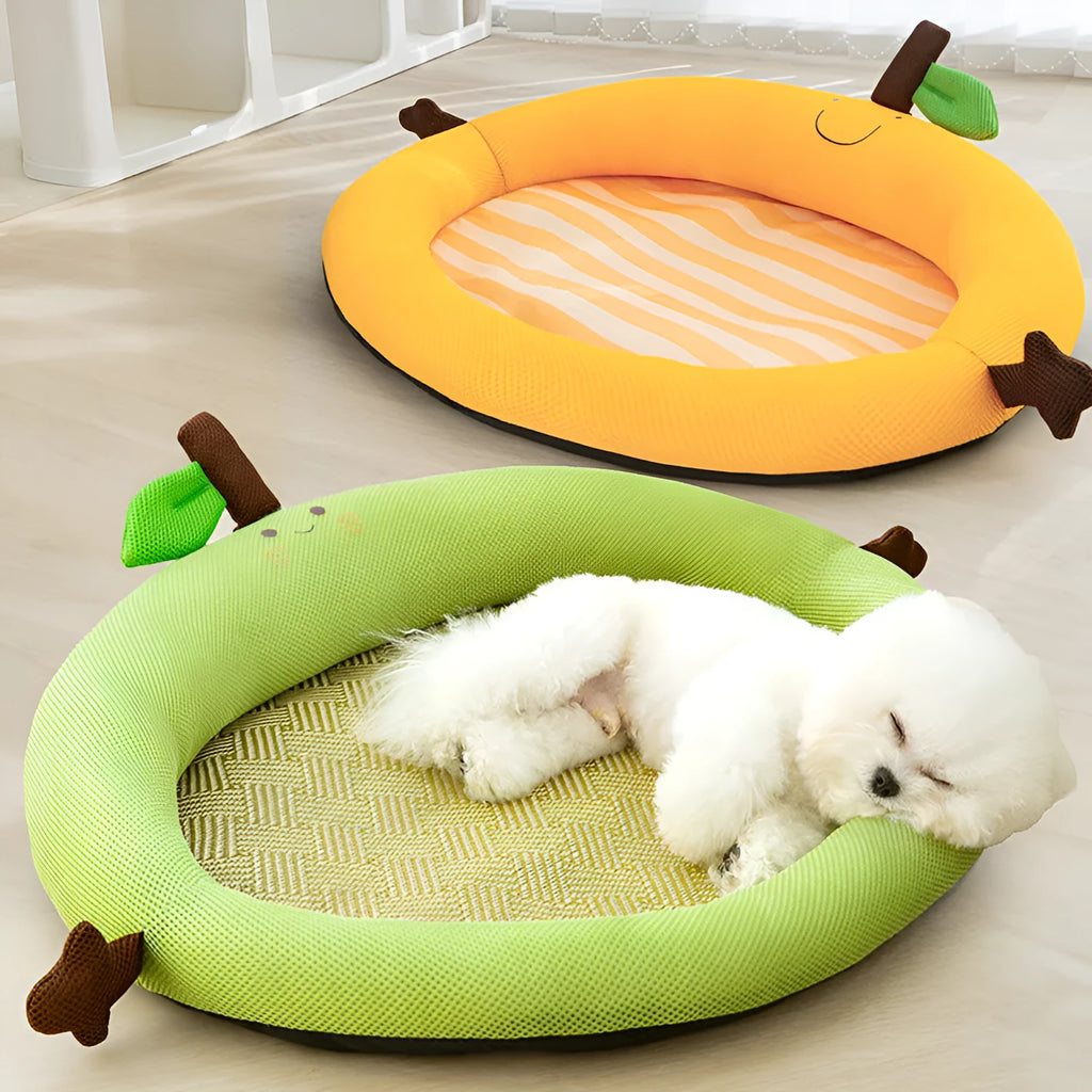 Green fruit backrest pet cushion bed for a dog, showing its nest-like shape and soft mat base.