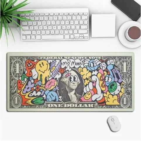 Large black gaming mouse pad with colourful anime character graphic on a desk with keyboard and mouse.