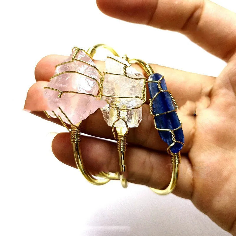 Natural crystal rough stone bracelet with gold winding geometric design