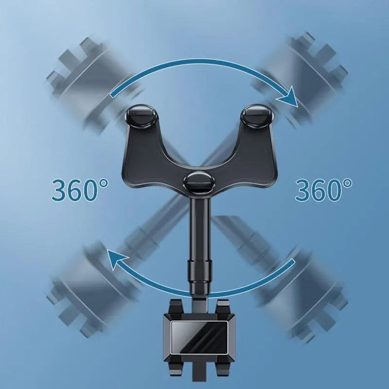 Black rearview mirror car phone holder with rotating head and telescopic arm extended