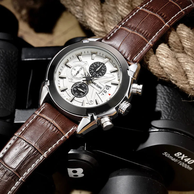 Men's multifunctional chronograph watch with three sub-dials and luminous display