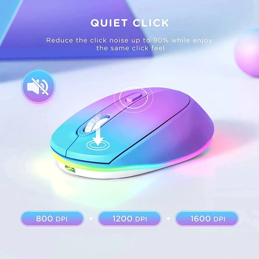 Lightweight 24g wireless rechargeable mouse in various colours next to its USB charging cable.
