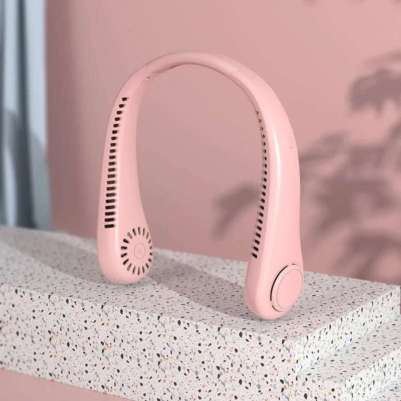 White bladeless neck fan with flexible neckband and USB charging port