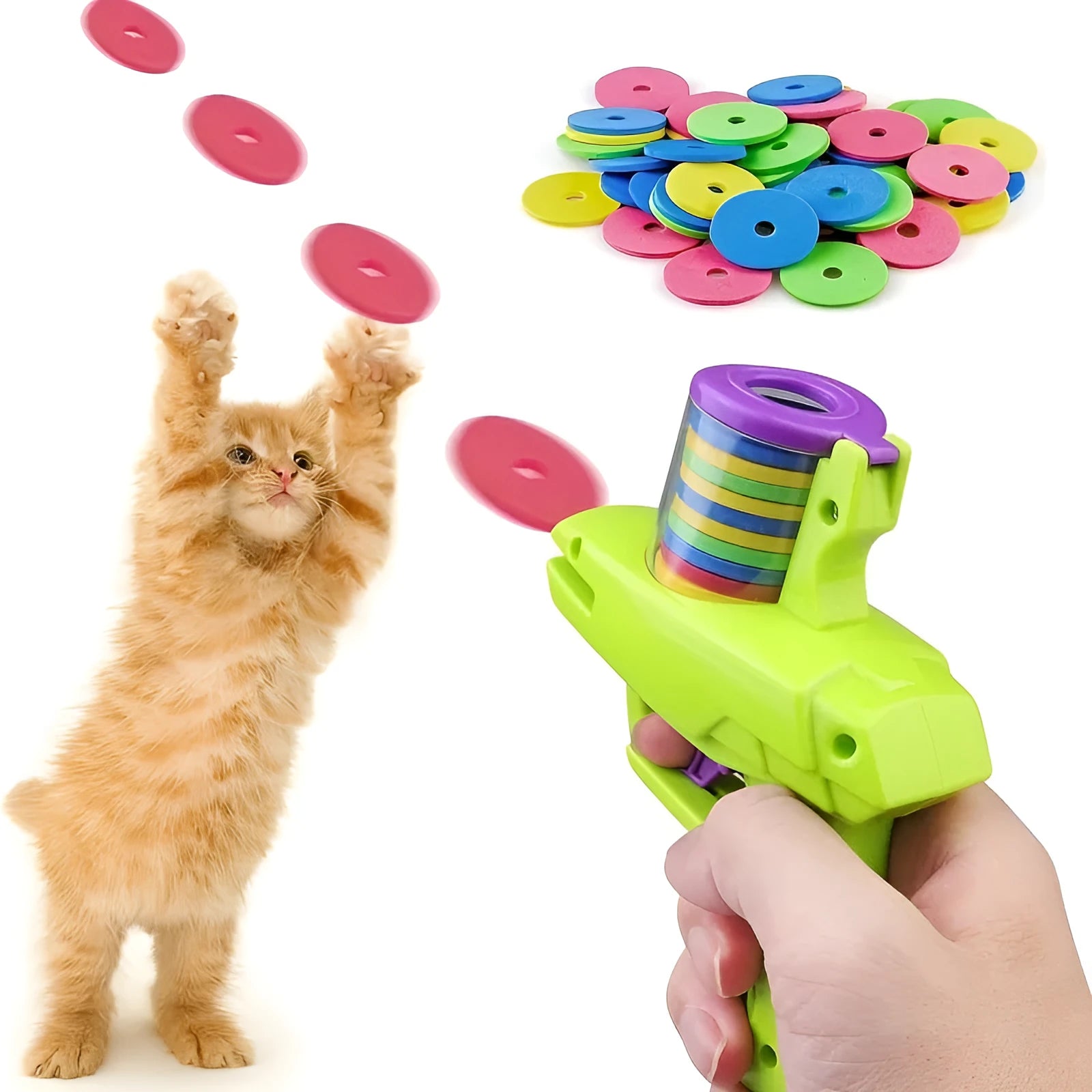 Battery-free interactive cat toy launcher with foam discs in green or purple colour