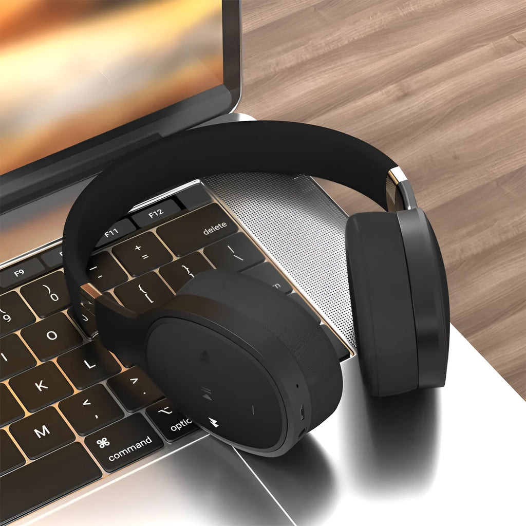 Folding wireless sports Bluetooth headset in black, showing collapsible earcup design