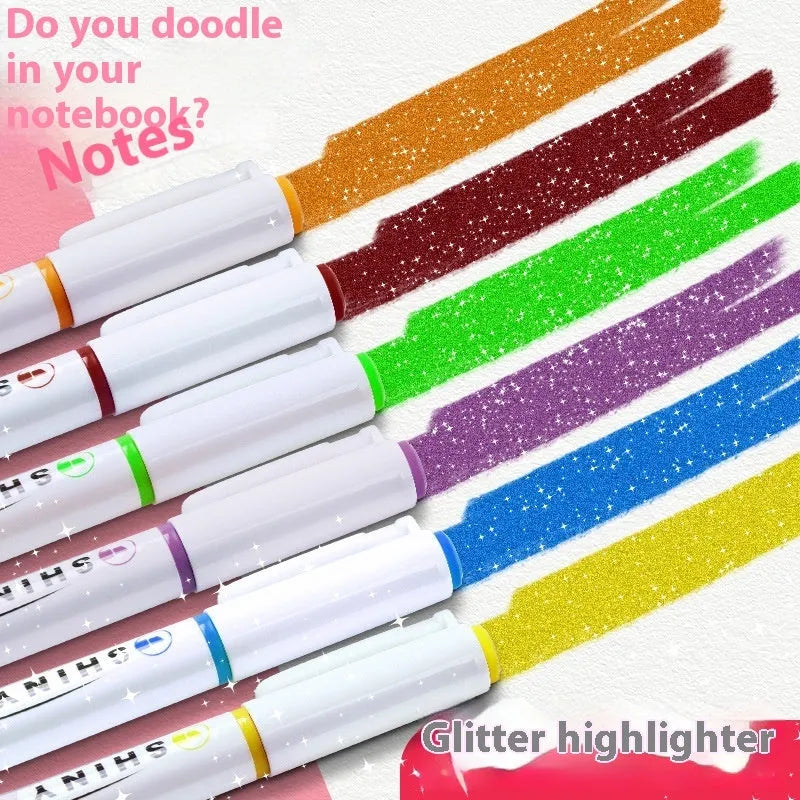 Set of four glitter highlighter pens with slanted tips in six colours including taro puff and mung bean smoothie