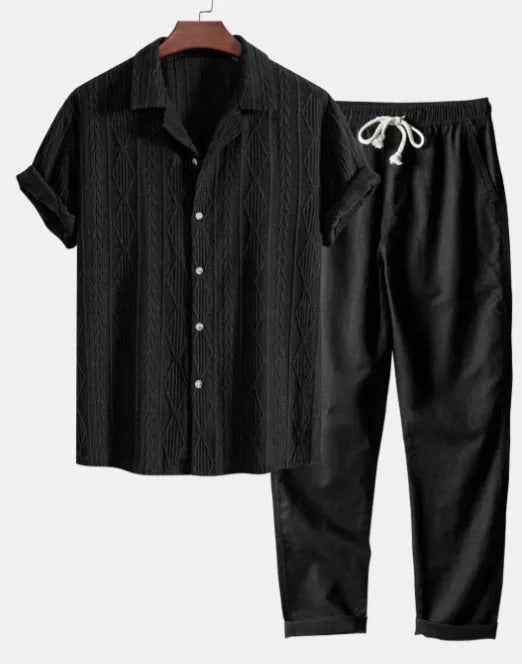 Men's casual short sleeve linen suit set with digital camouflage print in slim fit