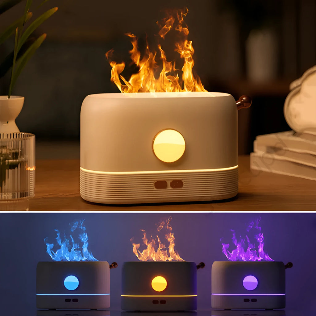 Black USB desktop humidifier with LED flame effect and transparent 200ml water tank