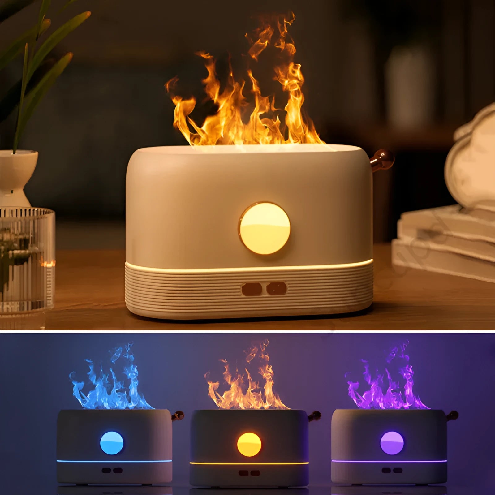 Black USB desktop humidifier with LED flame effect and transparent 200ml water tank