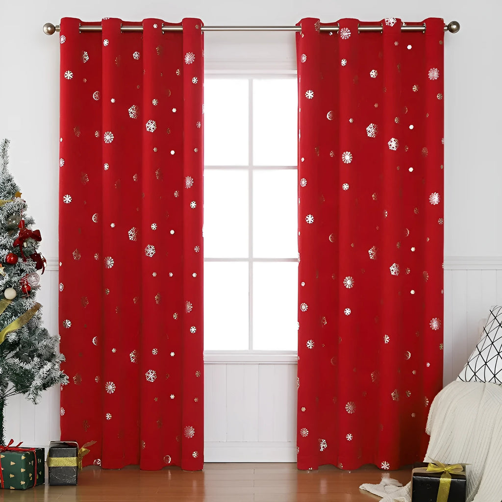 Snowflake pattern shade cloth curtain in red or green with lace loop or iron hoop hanging