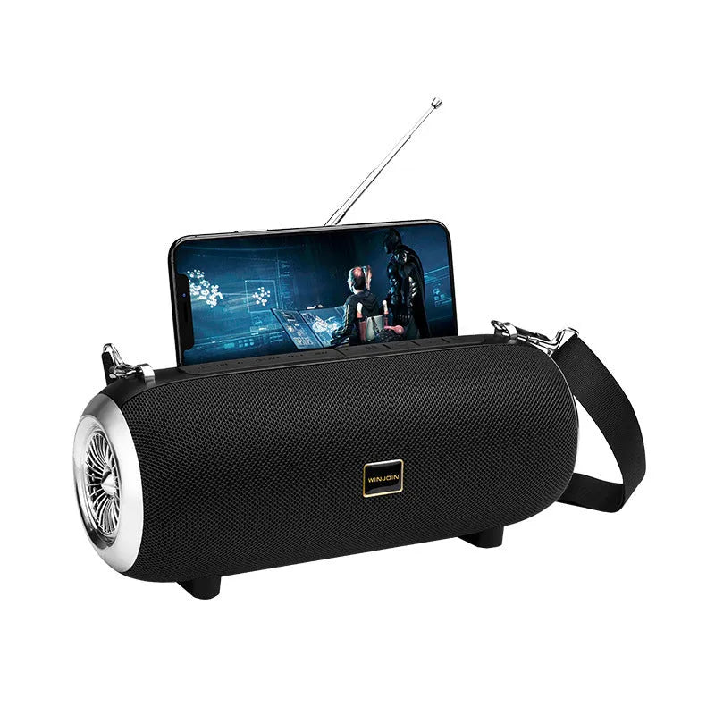 F666 portable mini Bluetooth speaker in fabric casing with shoulder strap, showing colour options.