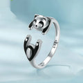 Adjustable panda open ring bracelet in sterling silver with white gold plating showing animal design