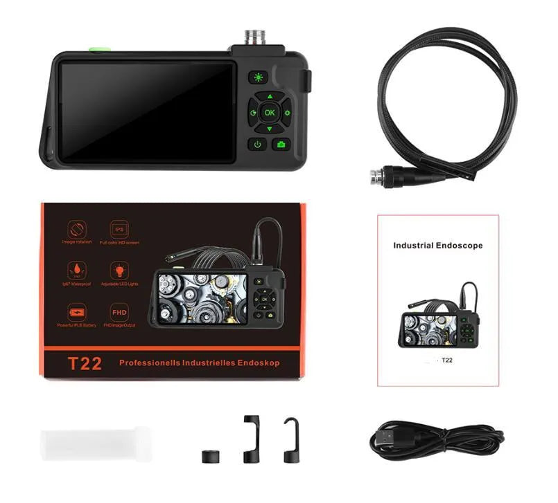 Handheld industrial endoscope with 4.5-inch LCD screen and a thin 5.5mm camera probe.