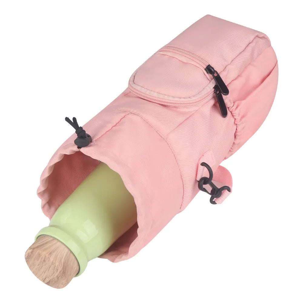 Cloth crossbody water bottle pouch shown in black, green, and pink colours with an adjustable strap.