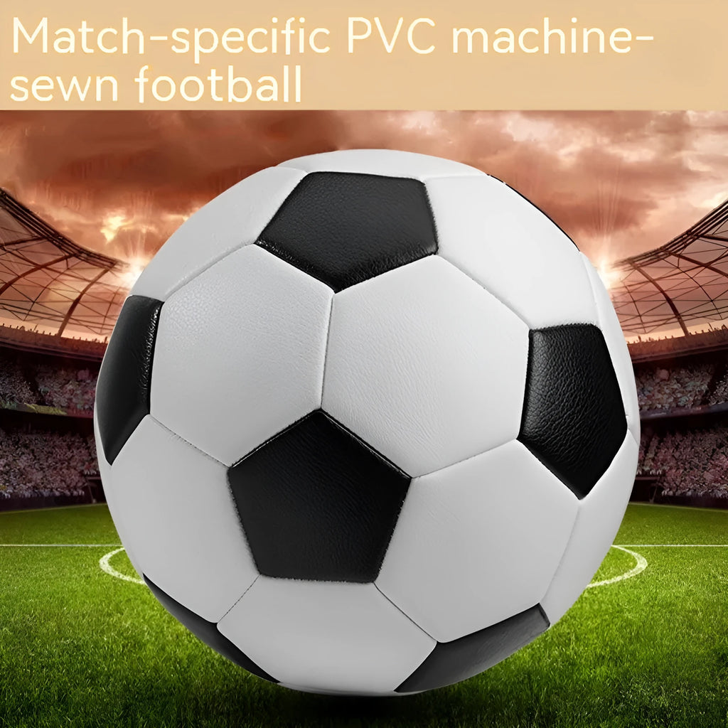 PVC machine-seam football in multiple colour designs including red dragon pattern, blue whirlwind and black and white.