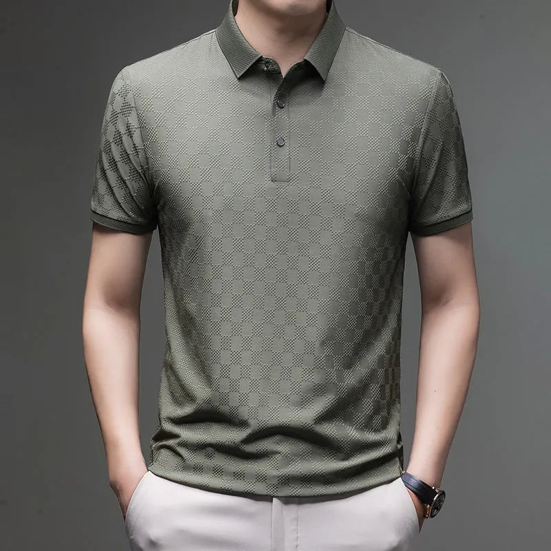 Rhombus thin Ice Silk short sleeve T-shirt with side slit detail in black, green, or brown.
