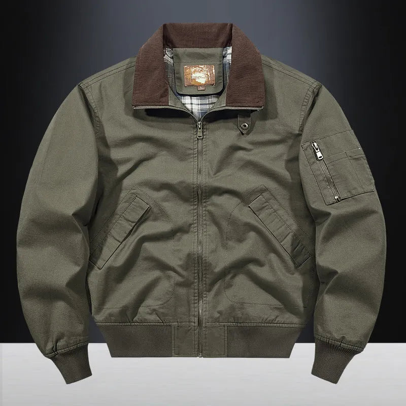 Men's plus size washed cotton baseball flight jacket in Army Green colour.