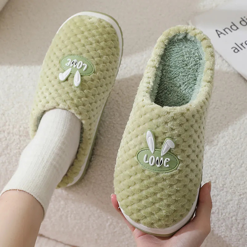 Rabbit plaid pattern women's house slippers with thick rubber sole and artificial fur lining