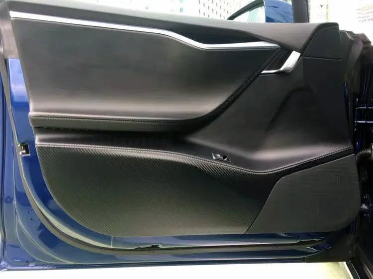 Carbon fibre anti-scratch protective film kit for Tesla Model S car doors.