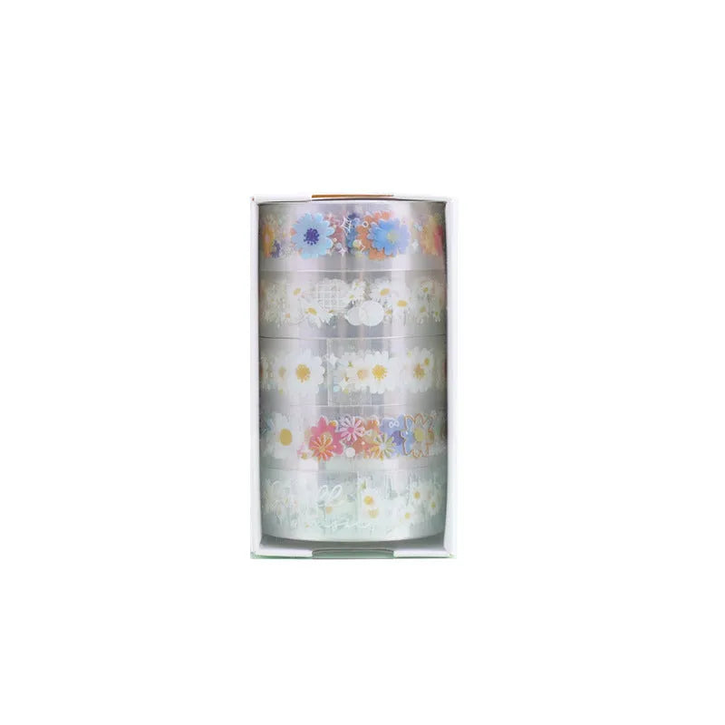 Five rolls of transparent adhesive tape with midsummer daisy cartoon decoration for diary projects