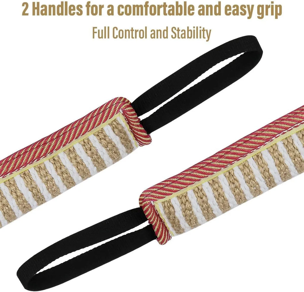 Beige and pink jute dog tug toy with two handles for interactive tug-of-war games