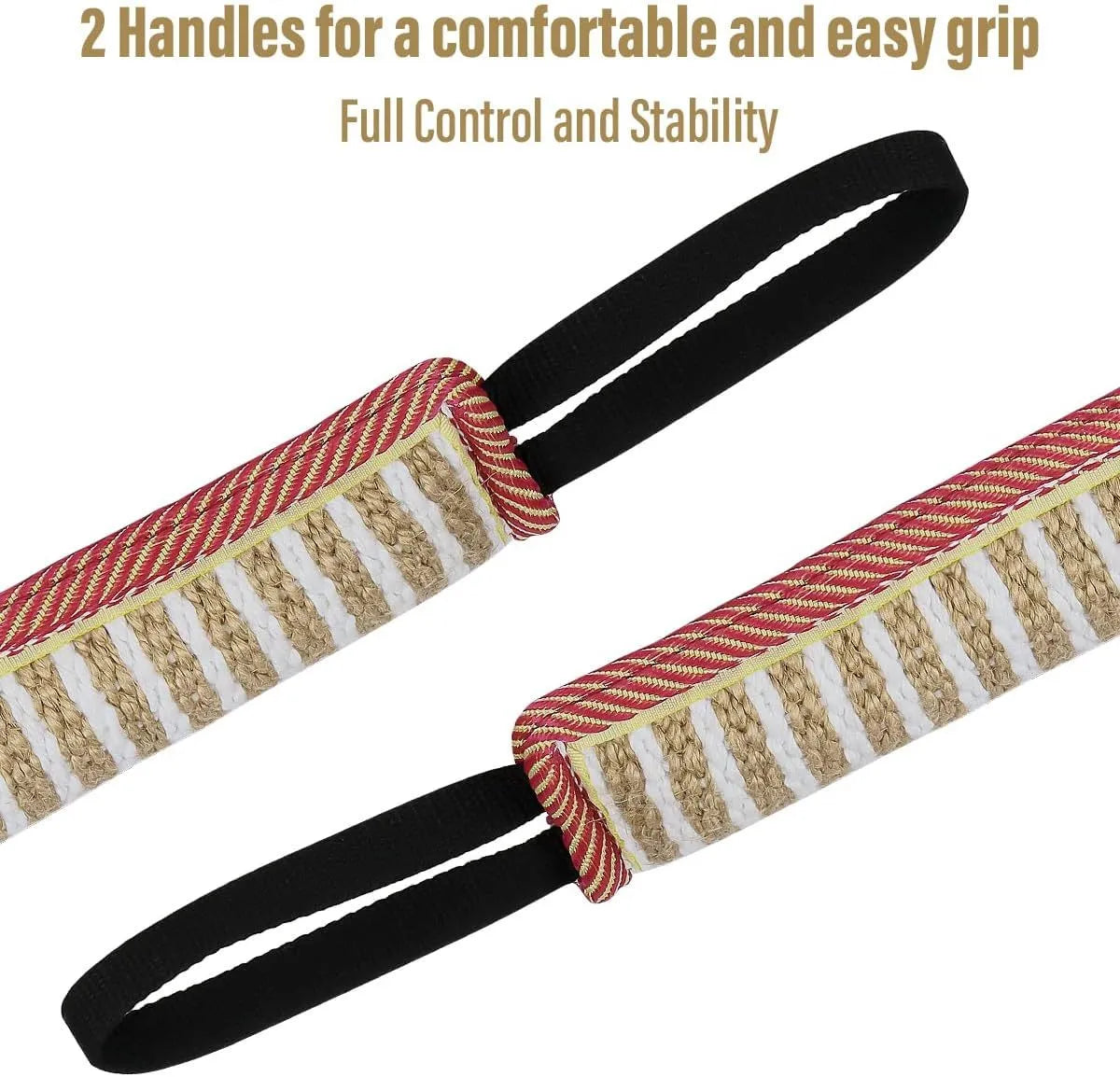 Beige and pink jute dog tug toy with two handles for interactive tug-of-war games