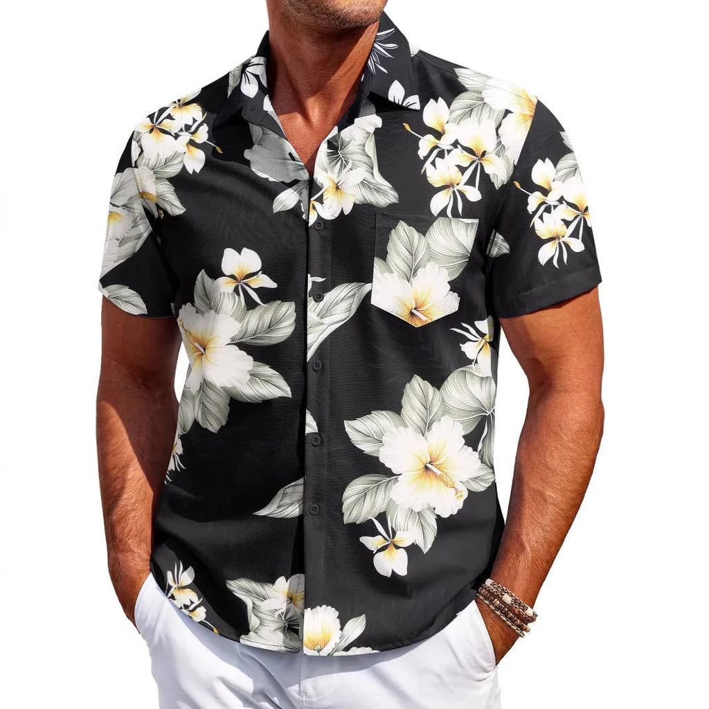 Man wearing a slim fit short sleeve Hawaiian shirt in four-sided elastic polyester fabric