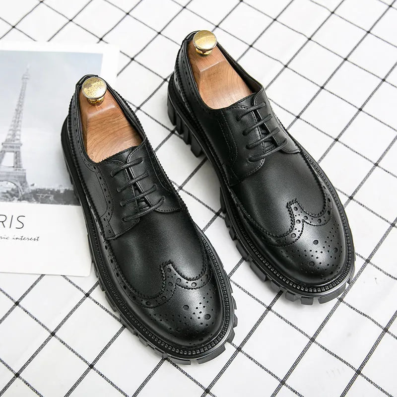 Black and brown men's brogue shoes with round toe and artificial PU upper for business casual wear.