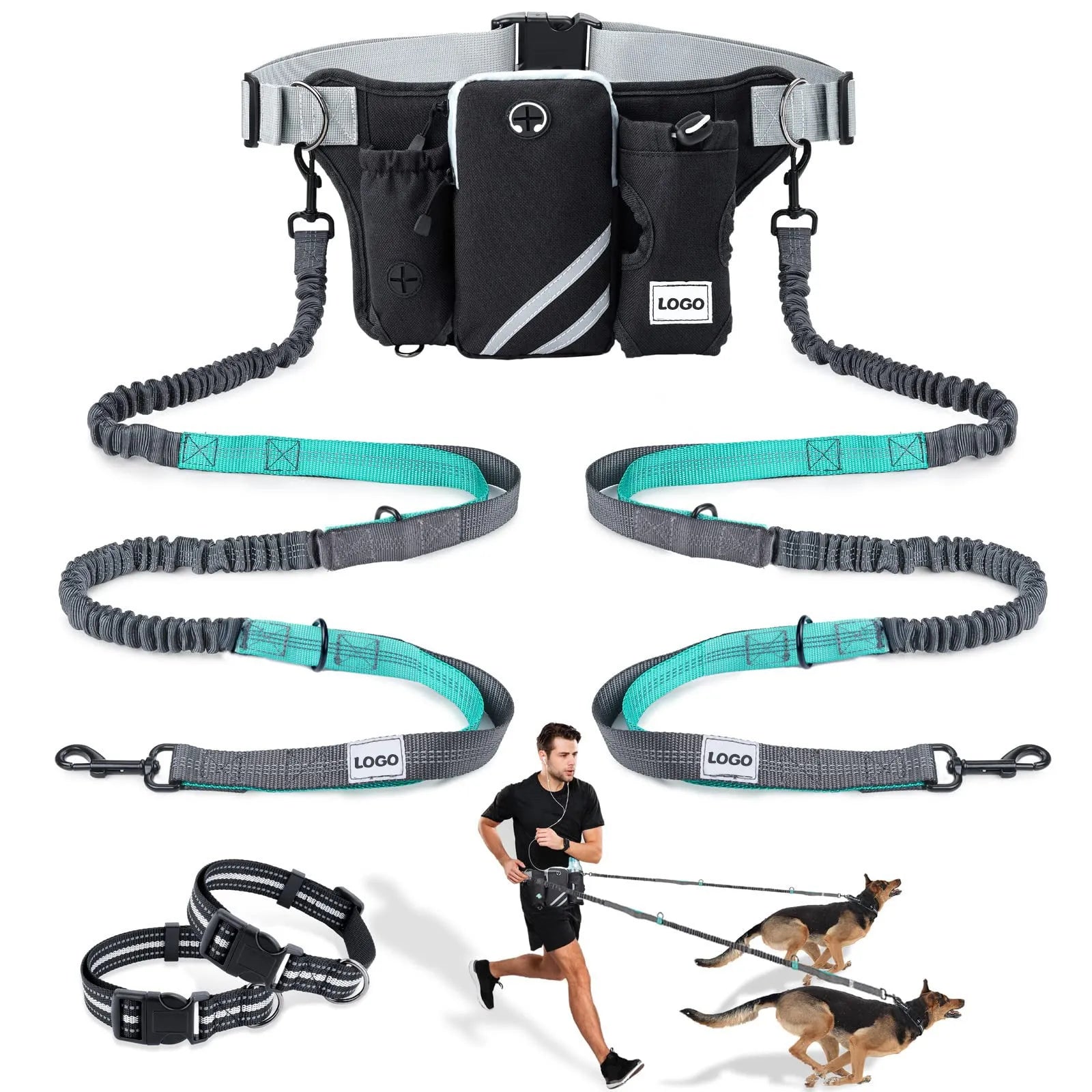 Black nylon outdoor dog walking waist bag and leash set for hands-free pet training