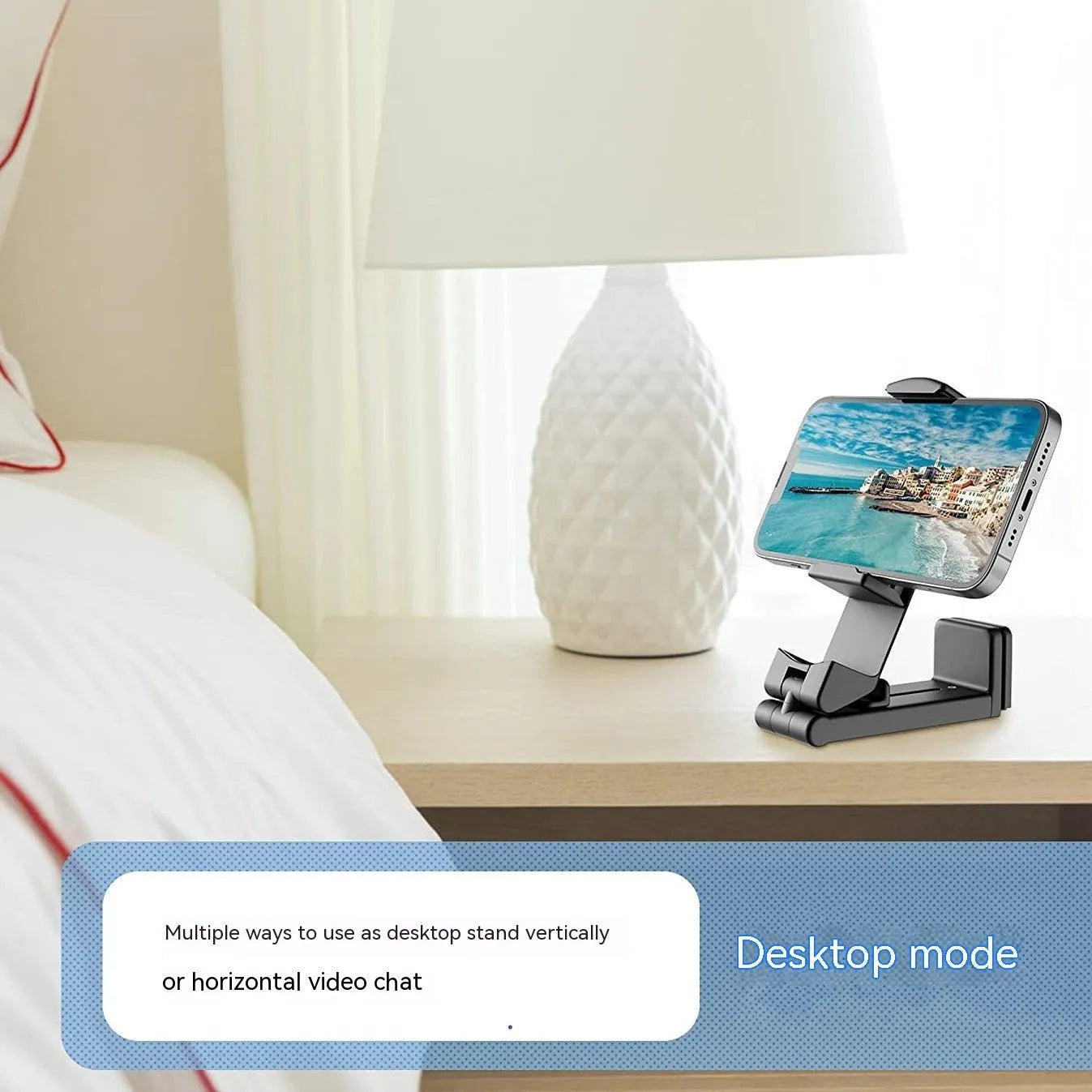 Foldable rotating phone holder in black, grey or green colours showing adjustable angle and universal phone compatibility