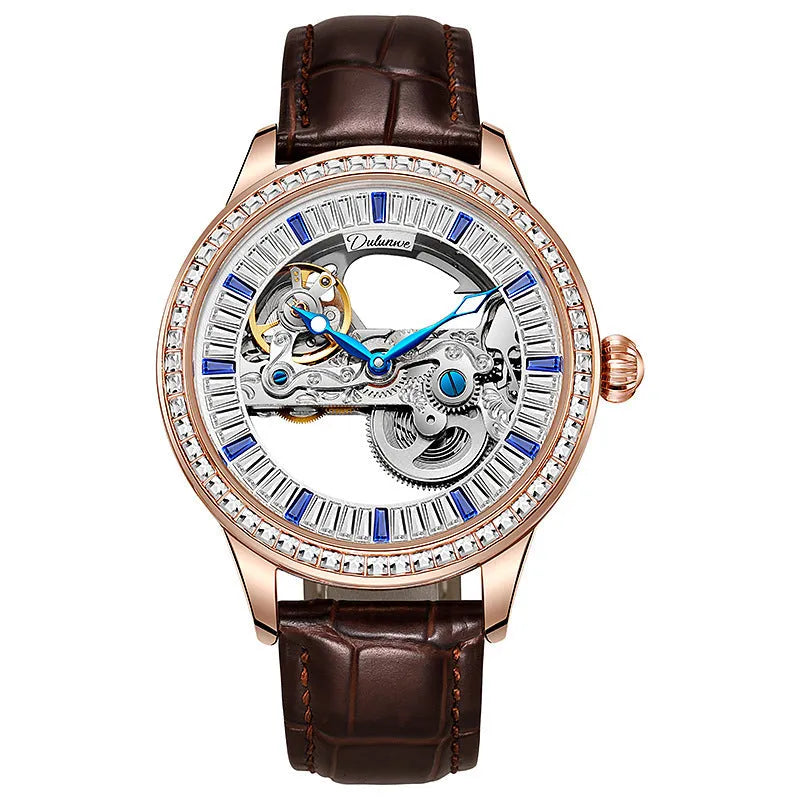 Men's mechanical watch with transparent case back showing movement, onion crown and leather strap