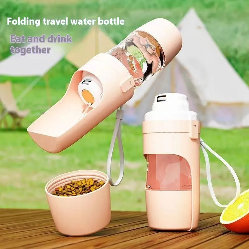 Grey 2-in-1 portable dog water bottle and feeder with lanyard for outdoor use