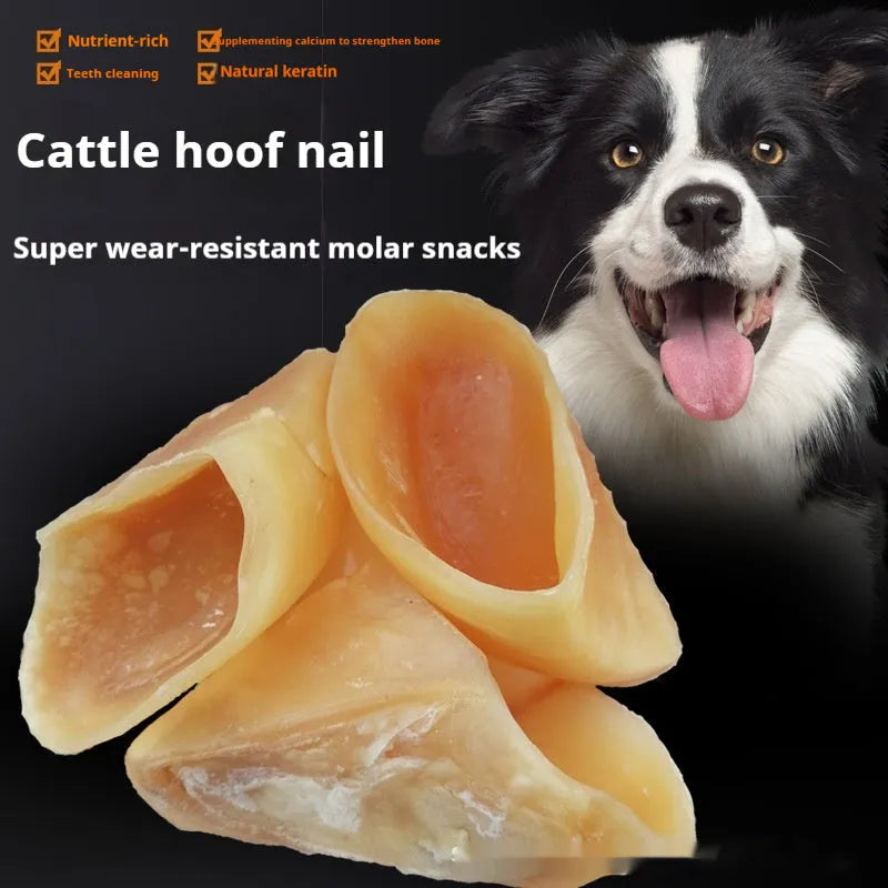Natural cowhide dog chew treat in cow hoof shell colour showing small and large size options