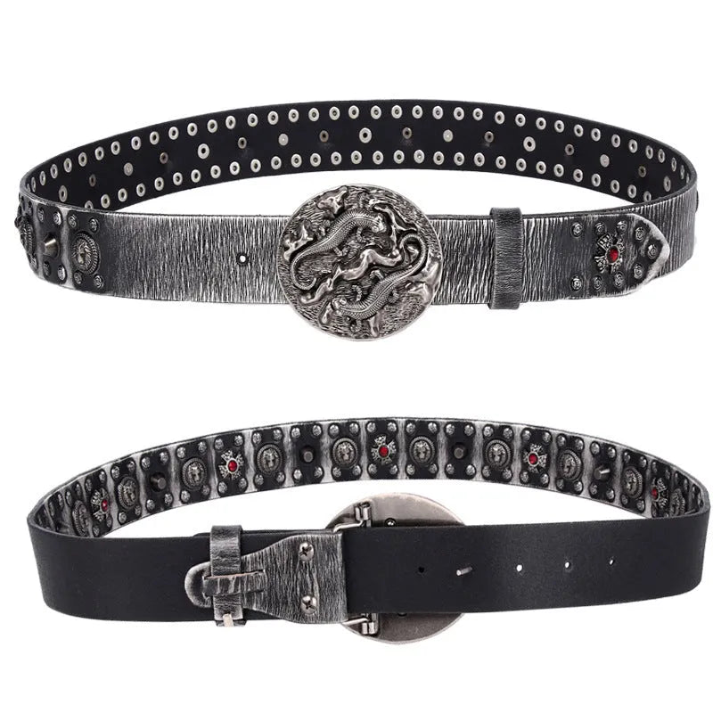 Men's black genuine leather belt with punk rivet design and a silver alloy buckle.