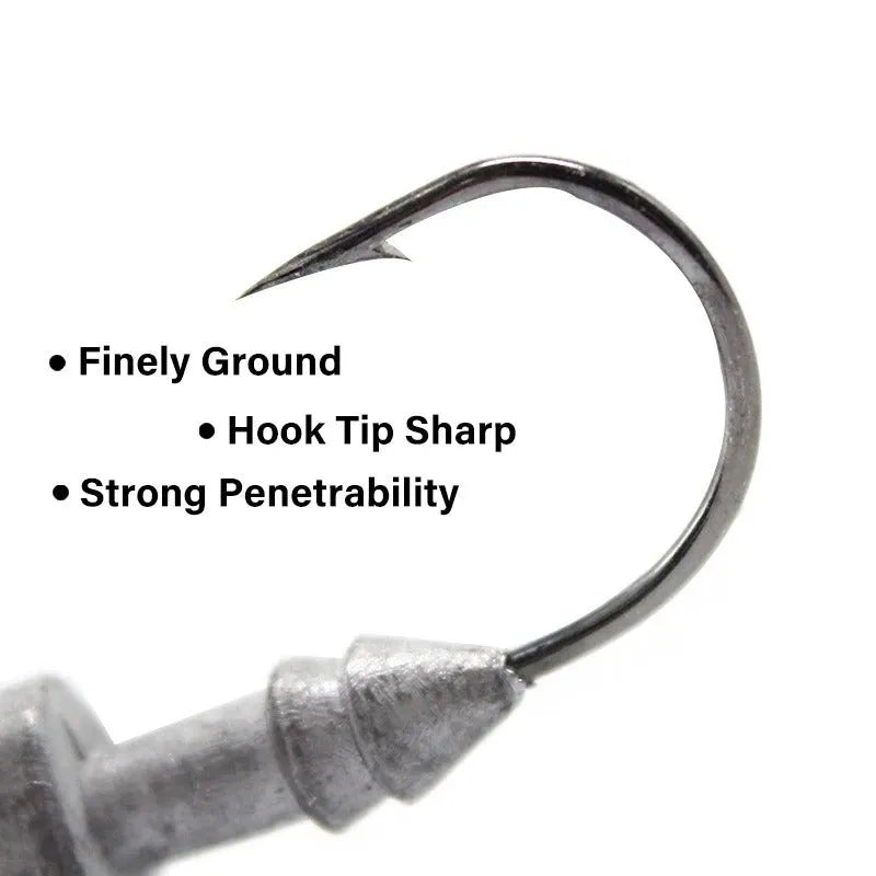 Simulated Yayu shaped lead head fishing hooks in blue, silver, and yellow, showing various weights from 3.5g to 28g.