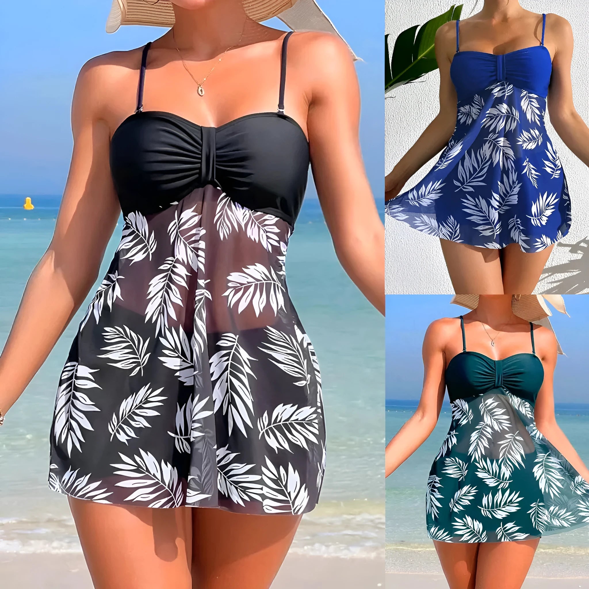 Women's high waist mesh swim boxers in black, blue and peacock green colours with split-leg design