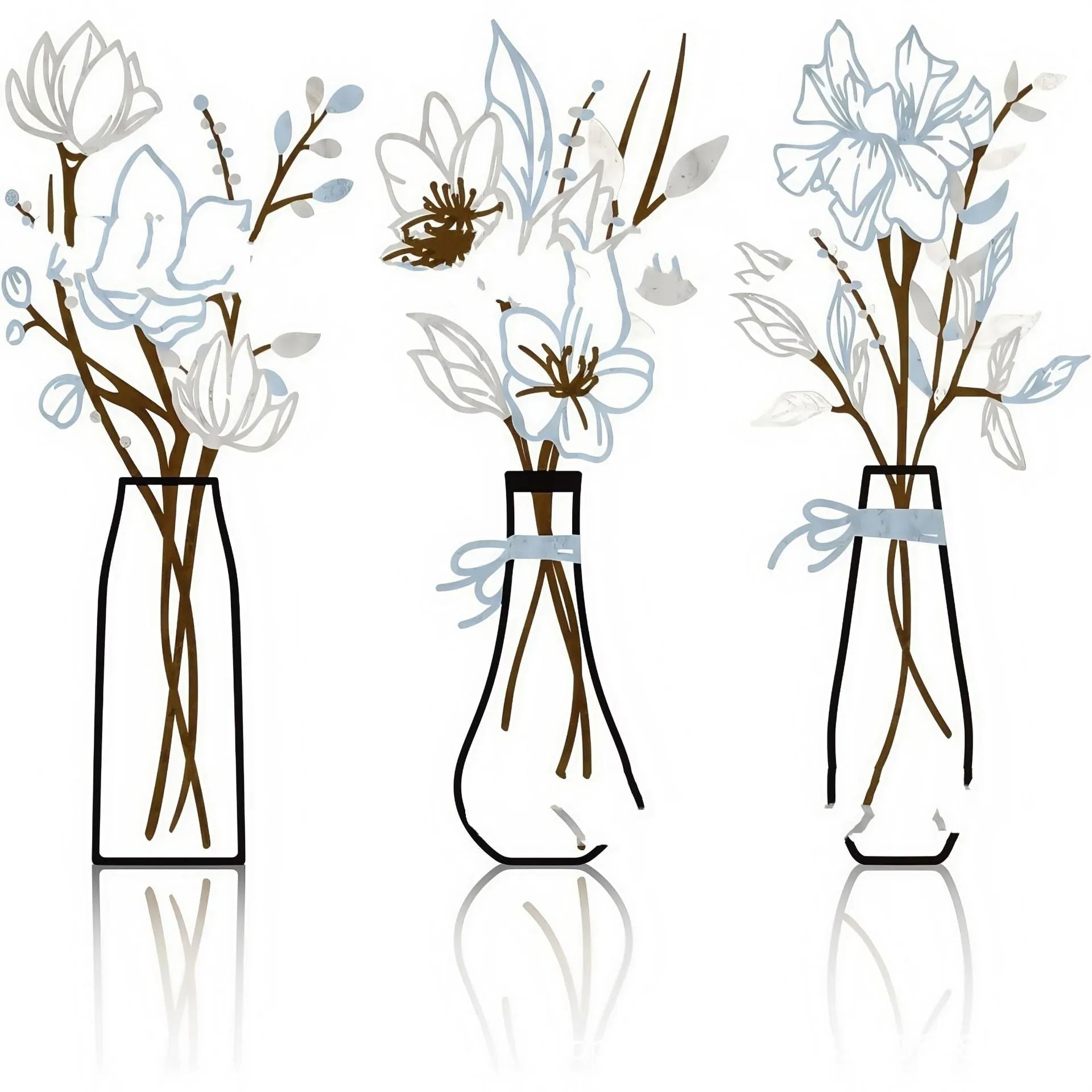 Three-piece metal flowers wall art set in modern farmhouse style with alloy construction