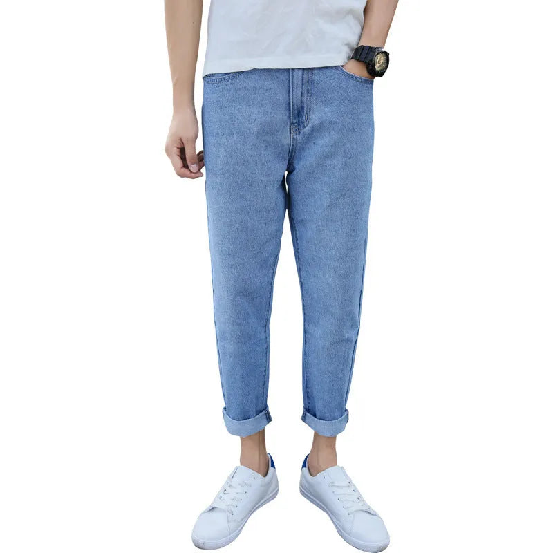 Men's loose straight leg cotton jeans in black and blue colour options