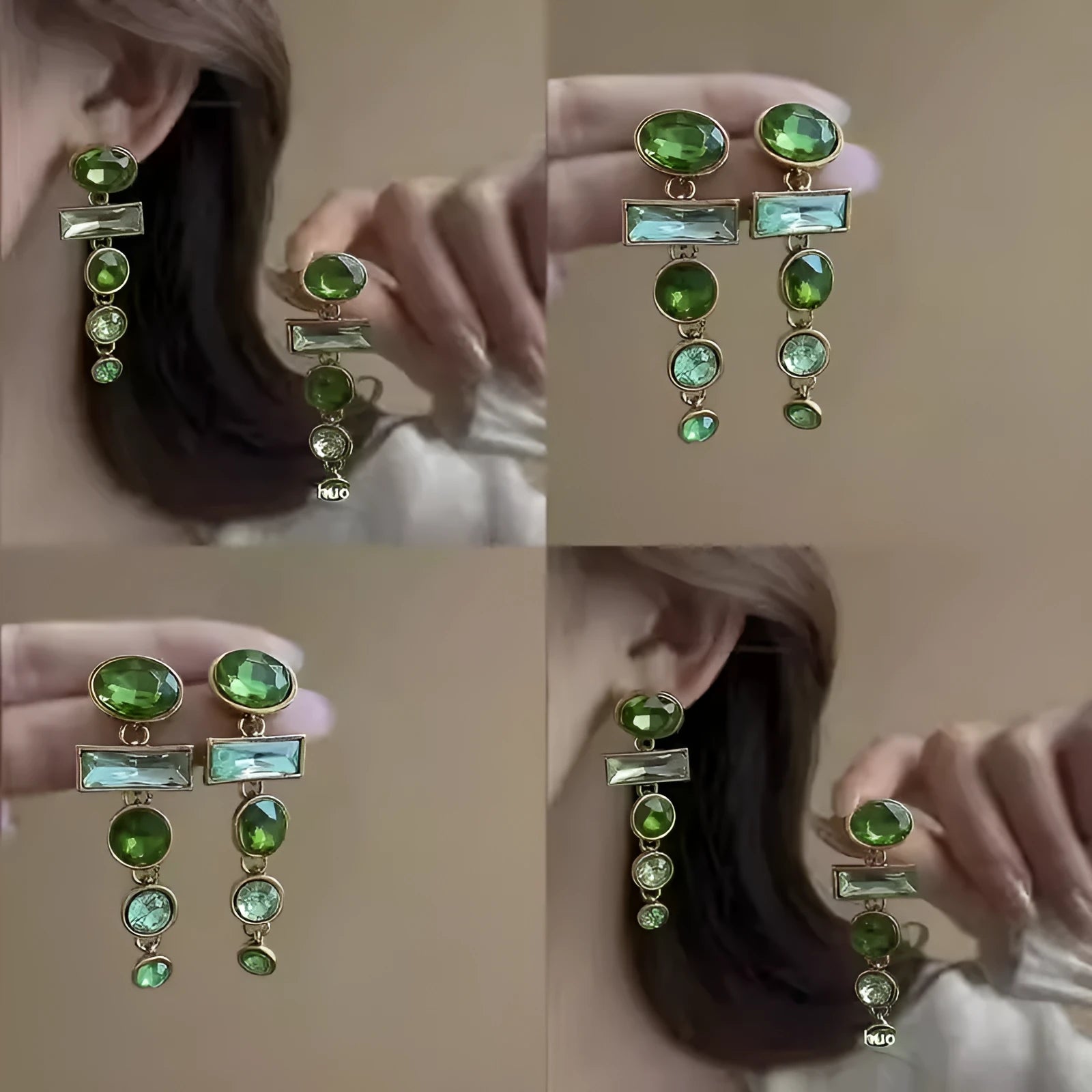 Close-up of green gradient geometric alloy earrings with long tassels and sparkling inlaid zircons.