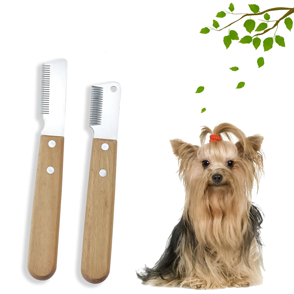 Pet stripping comb with wood handle for removing floating hair and mats from dogs and cats.