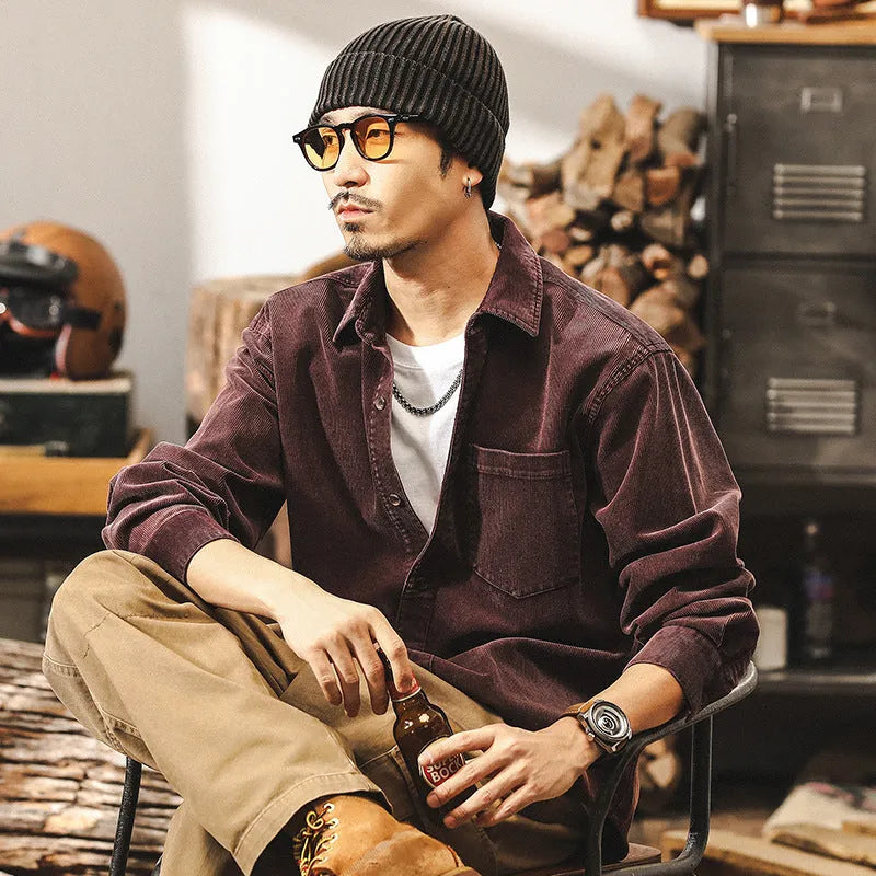 Men's retro corduroy shirt jacket in loose fit available in black or red colours