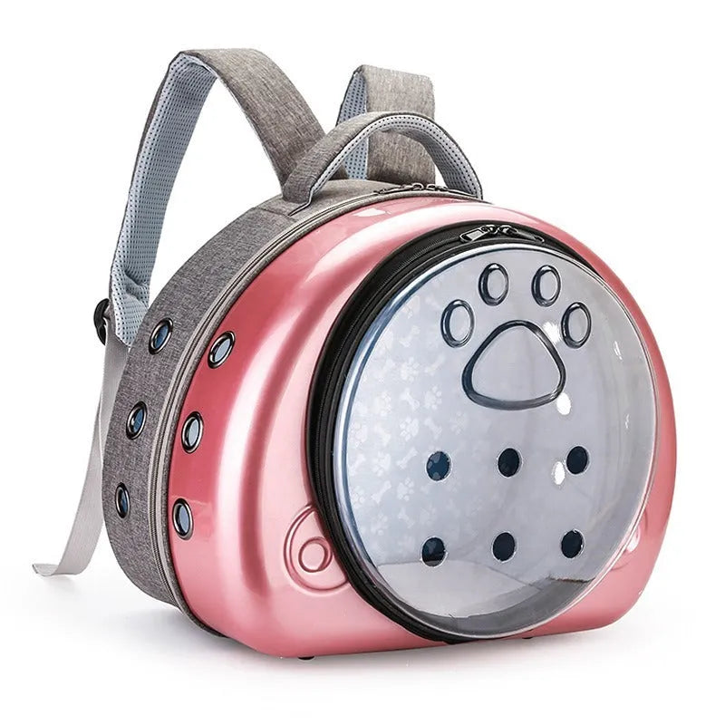 Transparent space capsule cat carrier backpack in PC canvas with metallic front shell