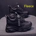Women's black platform casual shoes with mesh upper, hollow-out design, and a velvet lining.