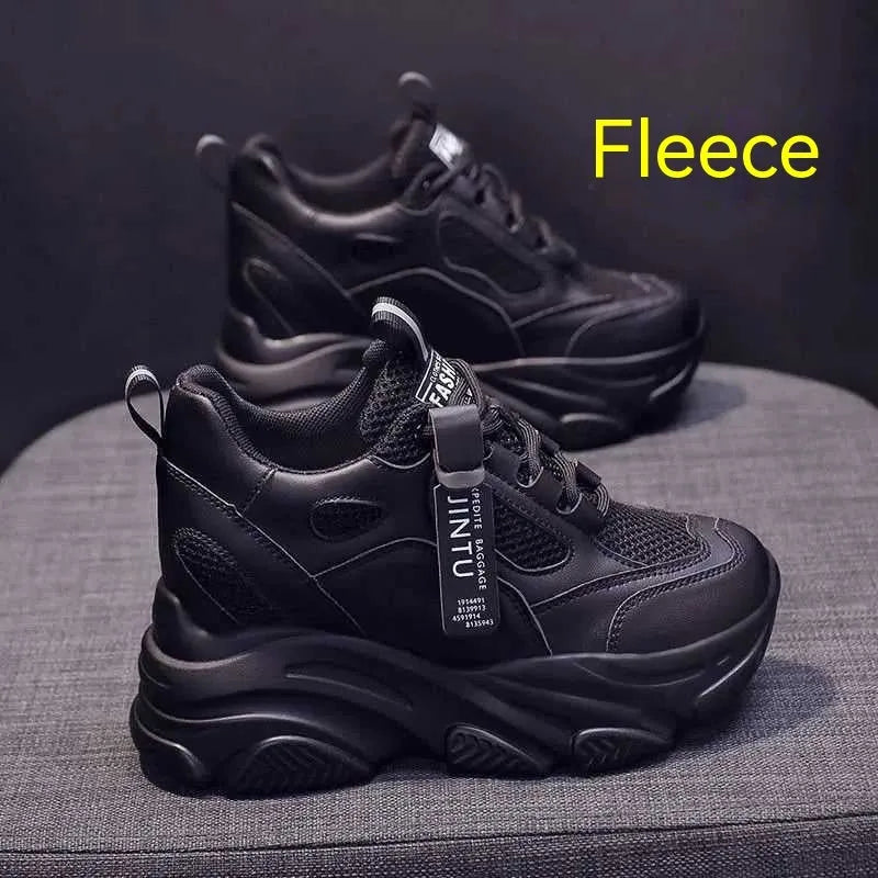 Women's black platform casual shoes with mesh upper, hollow-out design, and a velvet lining.