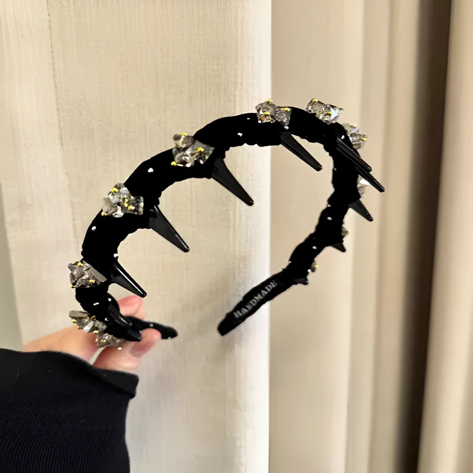French velvet hairband with crystal wave decoration in high head design for hair pressing