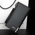 Men's black PU leather wallet with a long silver zip closure.