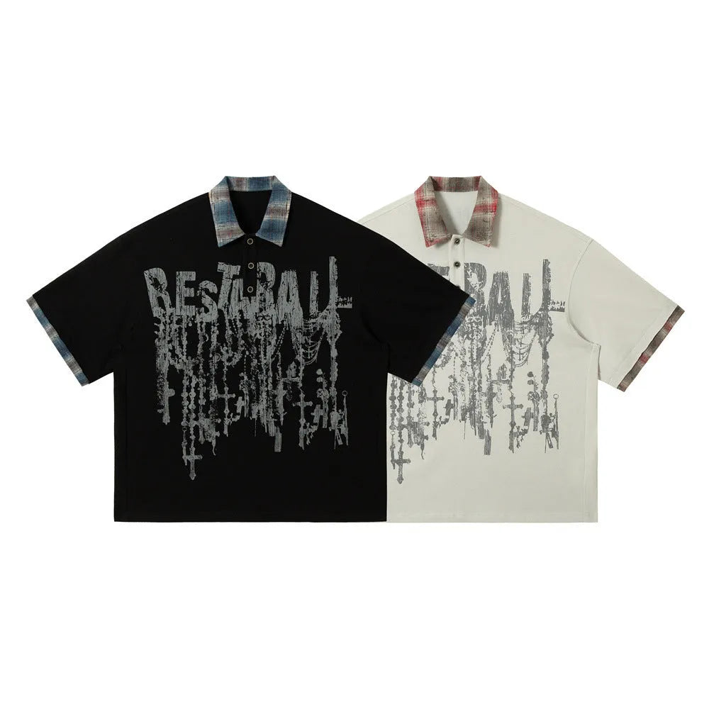 Men's loose fit short-sleeved top with graffiti print on asymmetric lapel in blue or red.